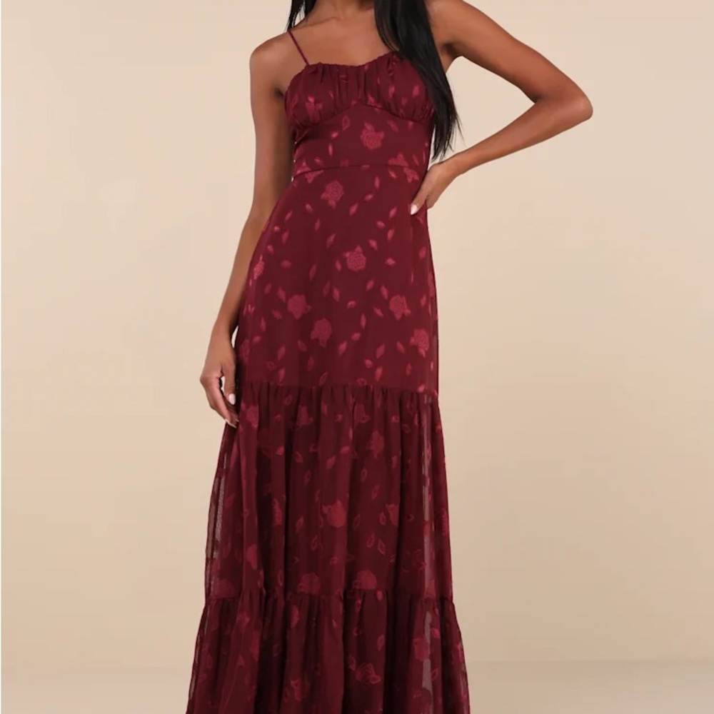 Lulu's Poised Grace Burgundy Burnout Floral Bustier Tiered Maxi Dress